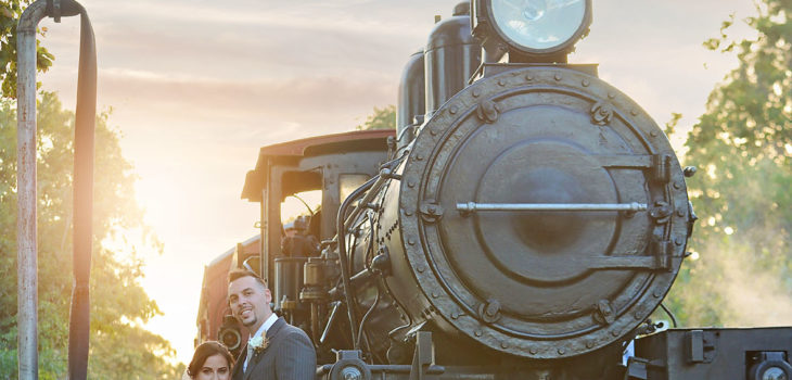 steam train wedding photo
